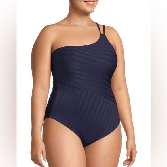 La Blanca Linea Costa Navy Blue One Shoulder One Piece Plus Size Swimsuit 22W - Picture 1 of 6